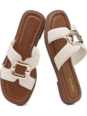 Women's Beige Square Toe Flat Sandals Slides Dressy Comfortable for Beach